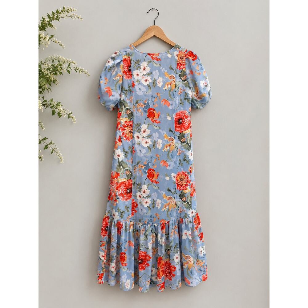 Gatsby Babydoll Floral Midi Dress Size L Blue Puff Sleeve Ruffle Cottagecore - Picture 3 of 4